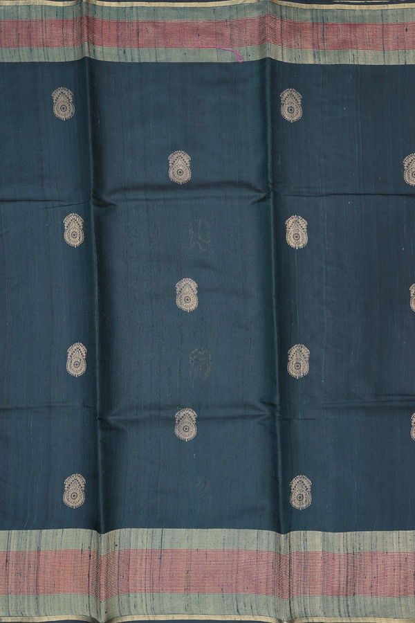 Jute Saree In Bottle Green With Zari Buttas