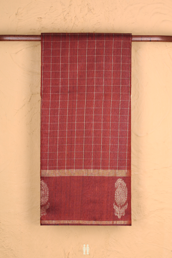 Jute Saree In Brick Brown With Checks Design