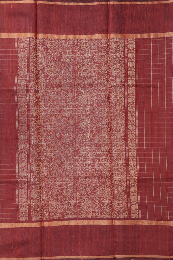 Jute Saree In Brick Brown With Checks Design