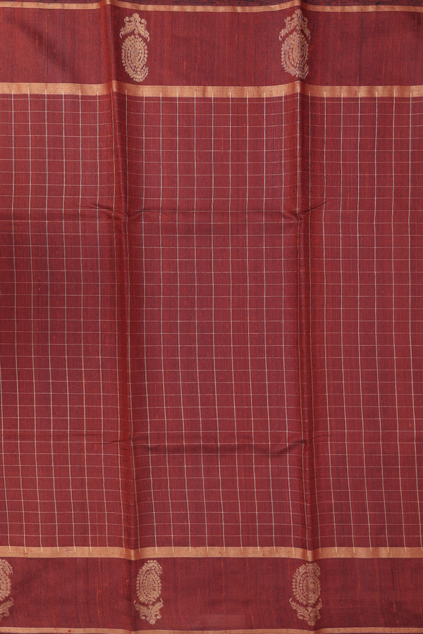 Jute Saree In Brick Brown With Checks Design