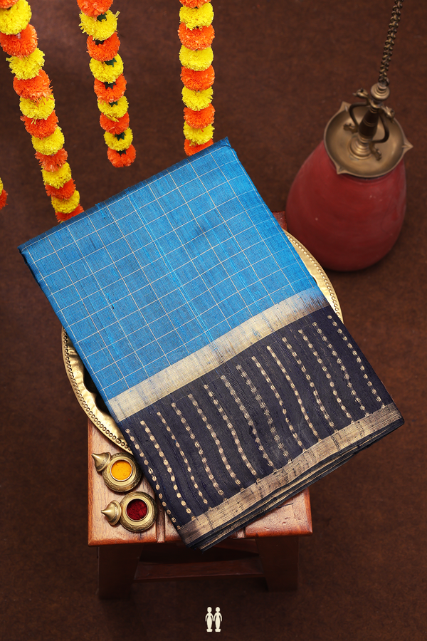 Jute Saree In Capri Blue With Checks Design