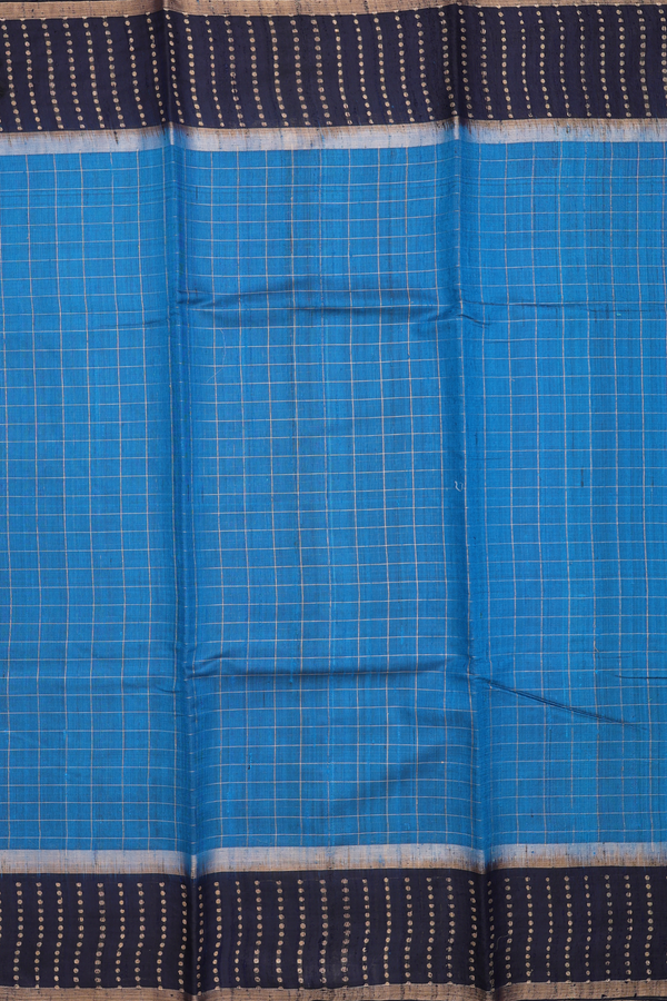 Jute Saree In Capri Blue With Checks Design