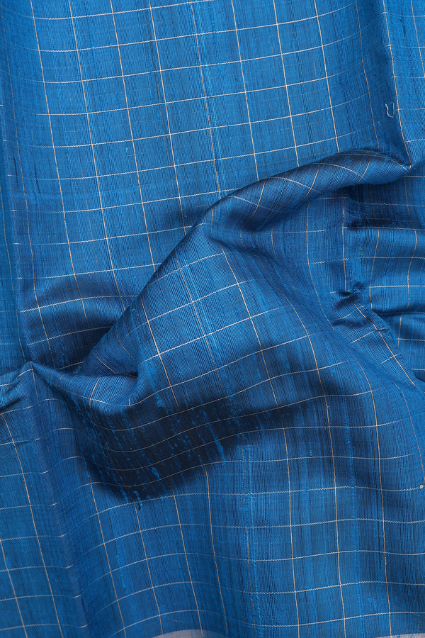 Jute Saree In Capri Blue With Checks Design