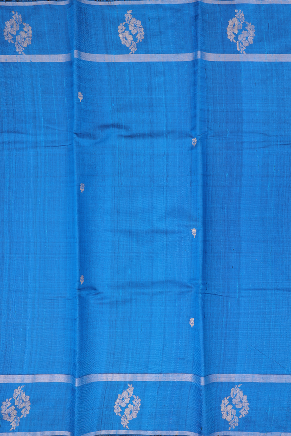 Jute Saree In Cerulean Blue With Floral Buttas