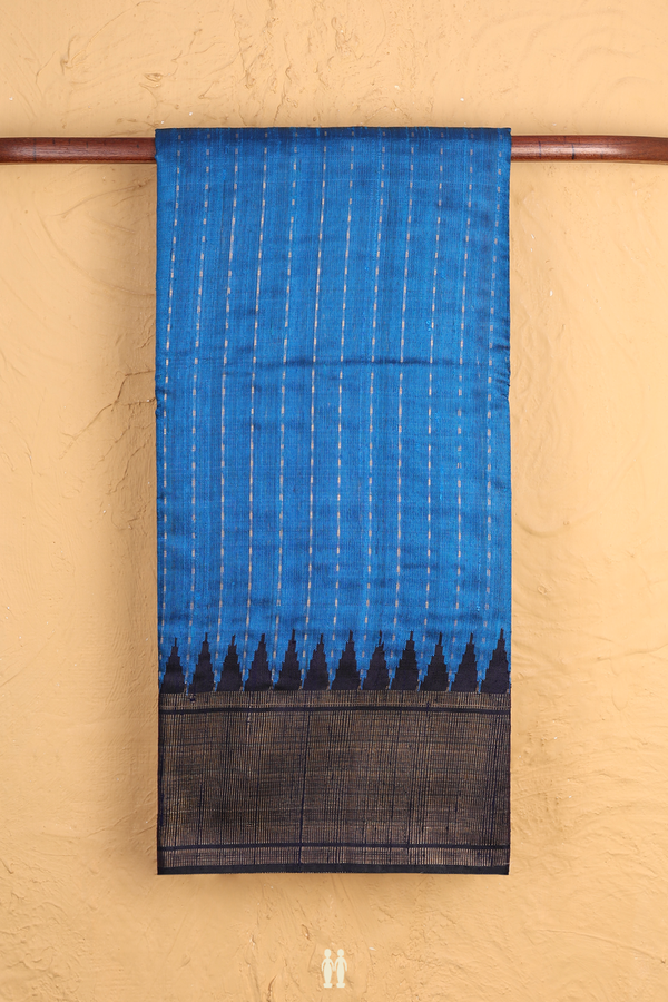 Jute Saree In Cerulean Blue With Stripes Design