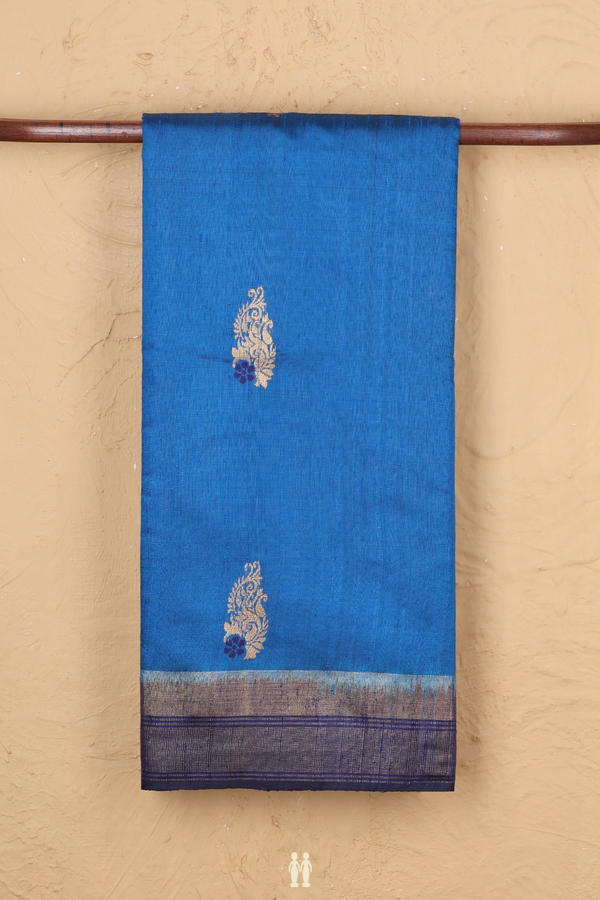 Jute Saree In Cerulean Blue With Zari Buttas
