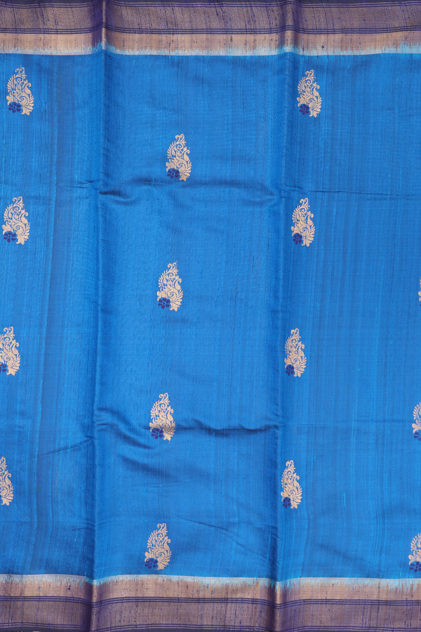 Jute Saree In Cerulean Blue With Zari Buttas