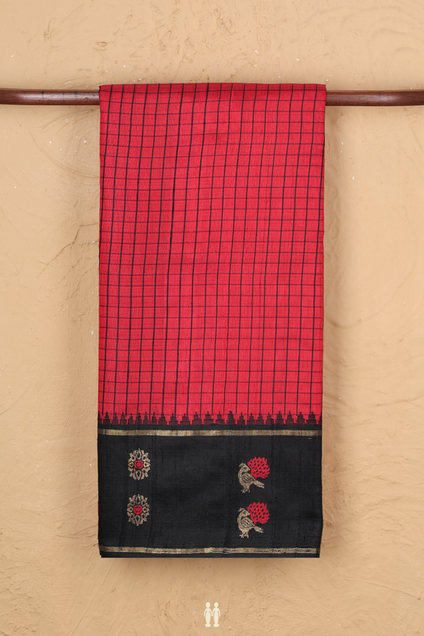 Jute Saree In Chilli Red With Checks Design