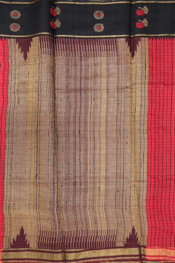 Jute Saree In Chilli Red With Checks Design