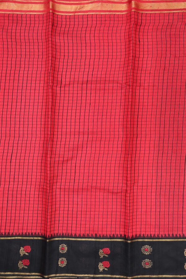 Jute Saree In Chilli Red With Checks Design