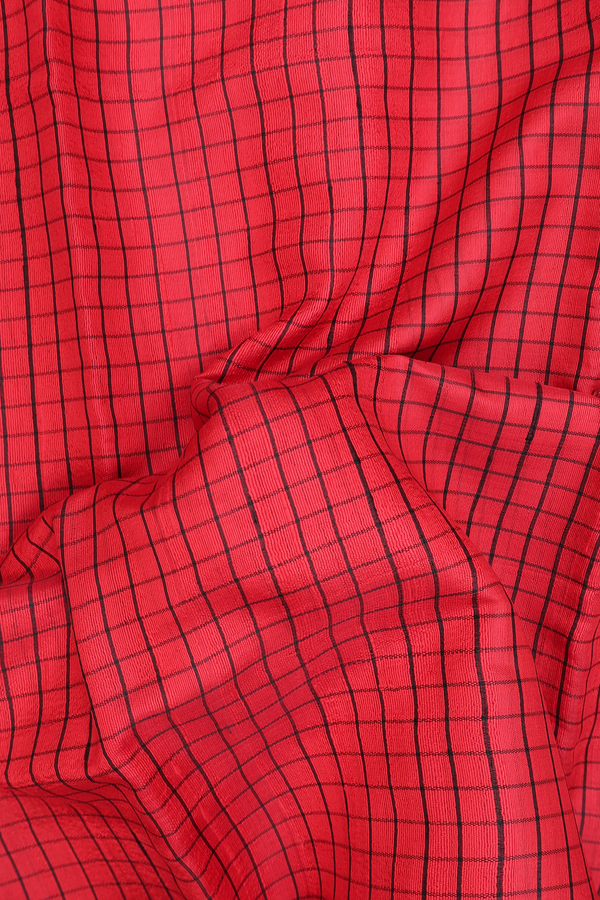 Jute Saree In Chilli Red With Checks Design