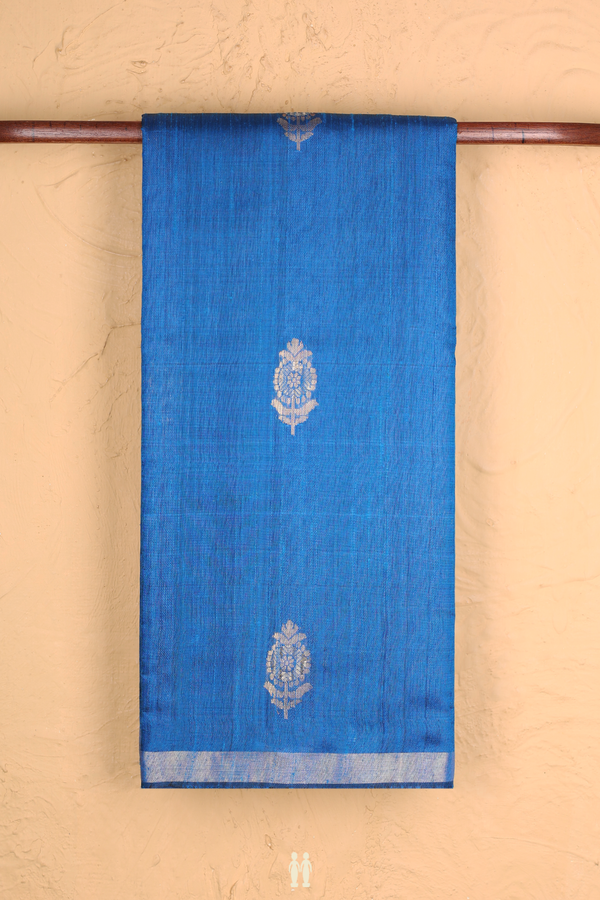 Jute Saree In Cobalt Blue With Floral Buttas
