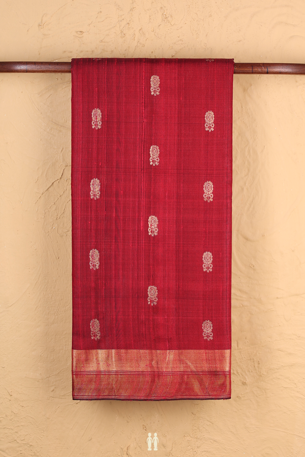Jute Saree In Crimson Red With Floral Buttas