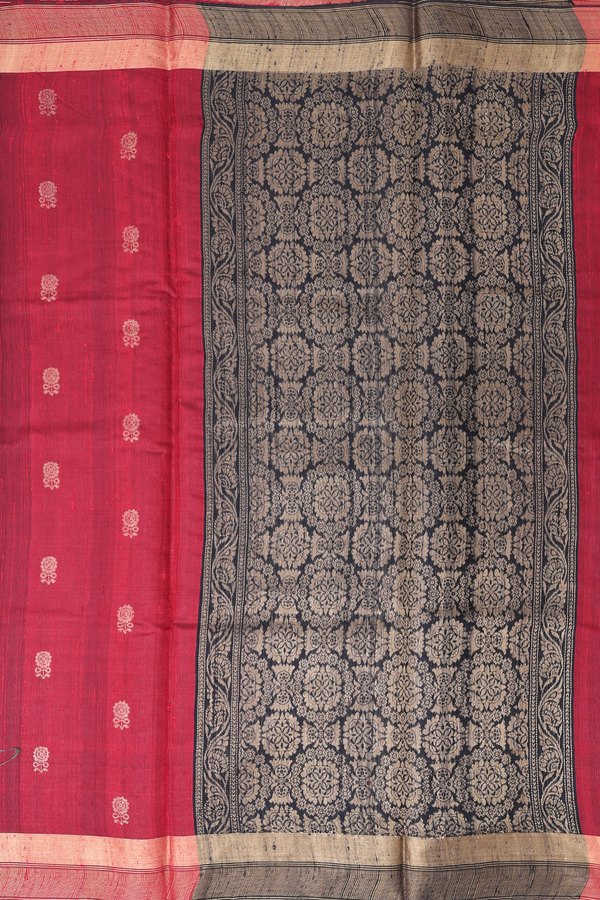 Jute Saree In Crimson Red With Floral Buttas