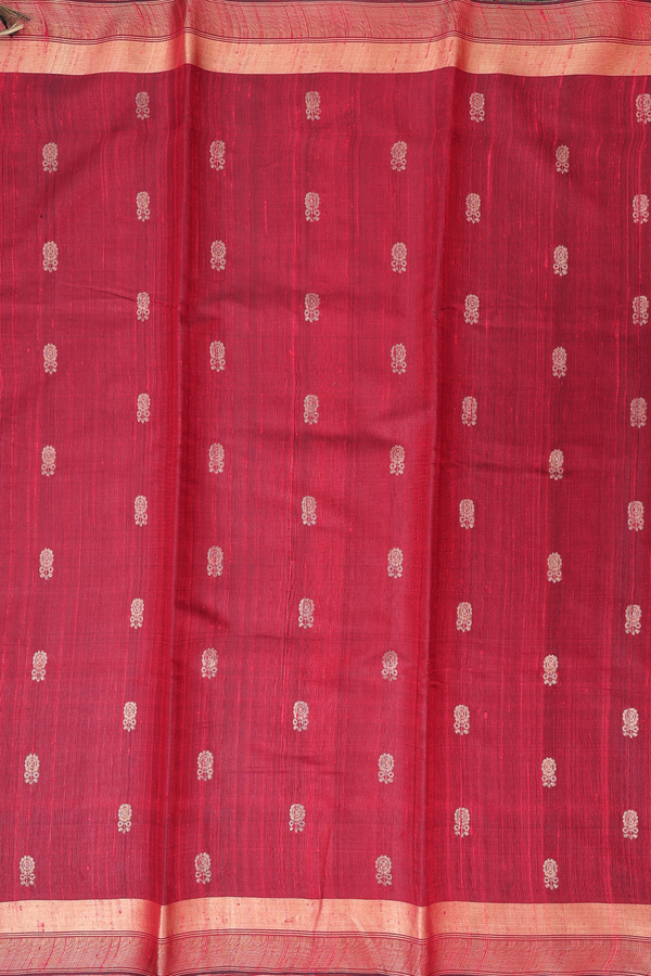 Jute Saree In Crimson Red With Floral Buttas