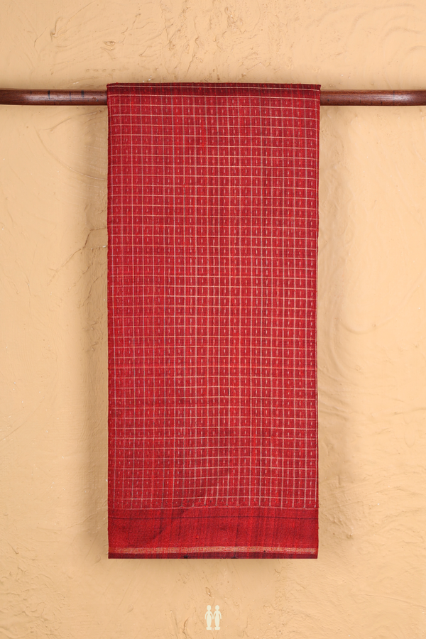 Jute Saree In Crimson Red With Checks Design