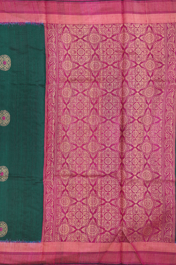 Jute Saree In Dark Green With Chakram Buttas