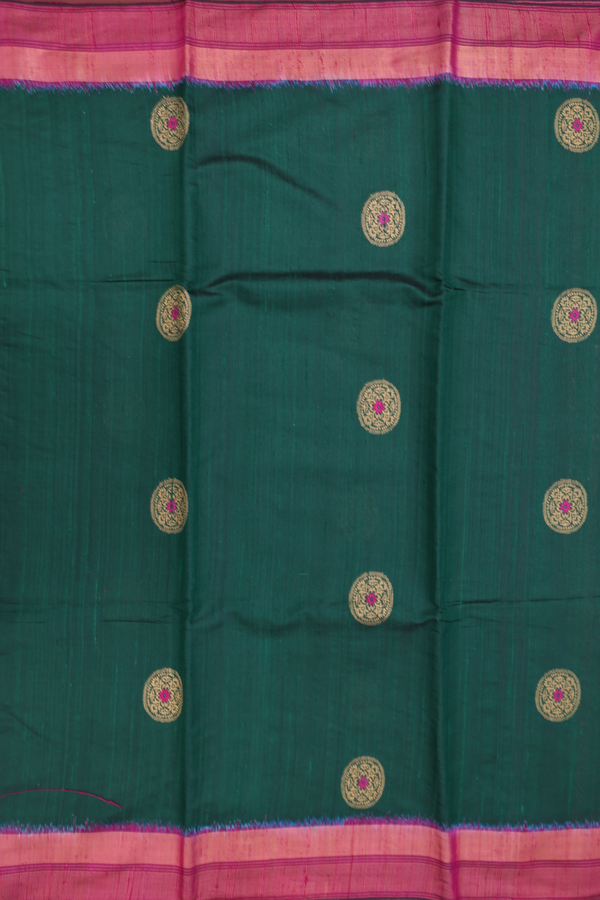 Jute Saree In Dark Green With Chakram Buttas