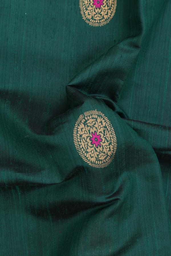 Jute Saree In Dark Green With Chakram Buttas