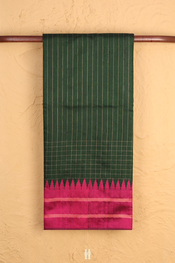 Jute Saree In Dark Green With Stripes Design