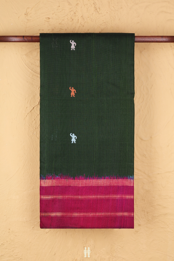 Jute Saree In Dark Green With Threadwork Buttas