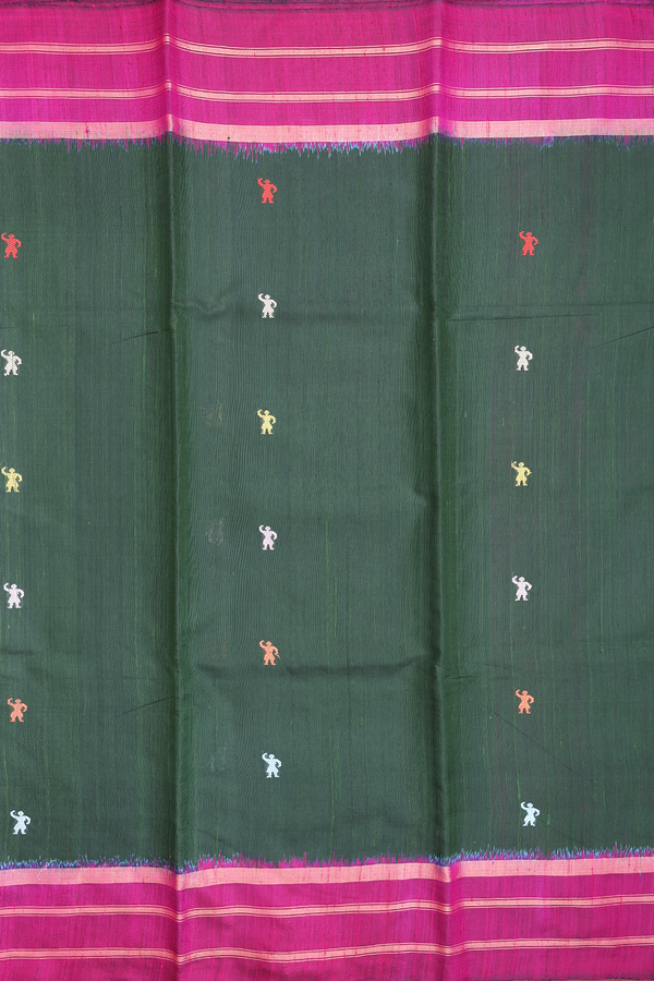 Jute Saree In Dark Green With Threadwork Buttas