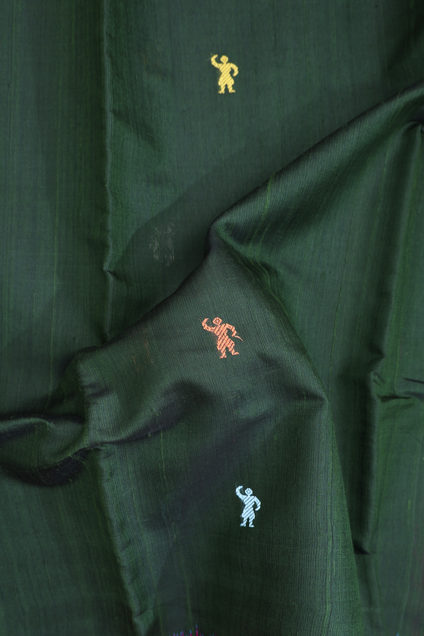 Jute Saree In Dark Green With Threadwork Buttas