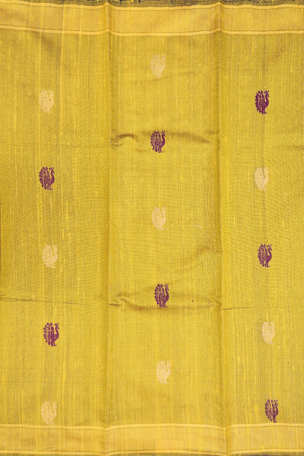 Jute Saree In Dark Yellow With Peacock Buttas