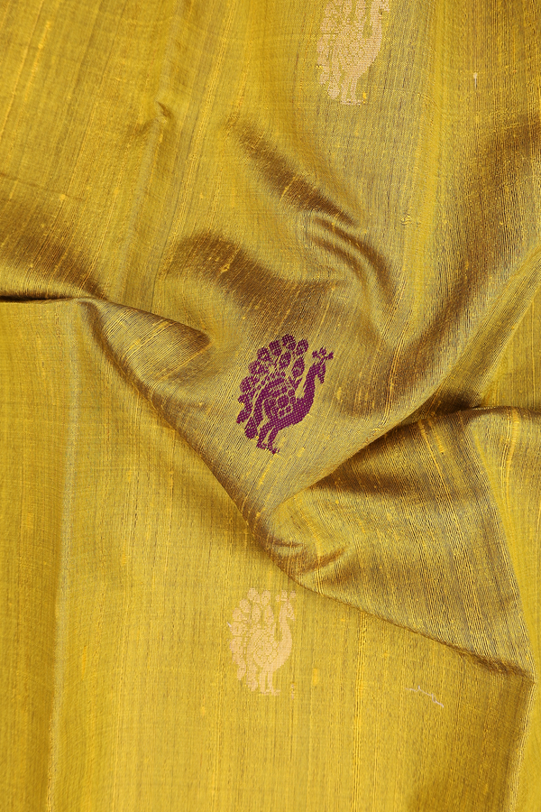 Jute Saree In Dark Yellow With Peacock Buttas