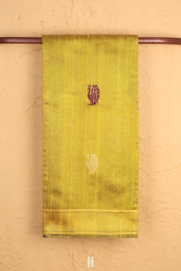 Jute Saree In Dark Yellow With Peacock Buttas