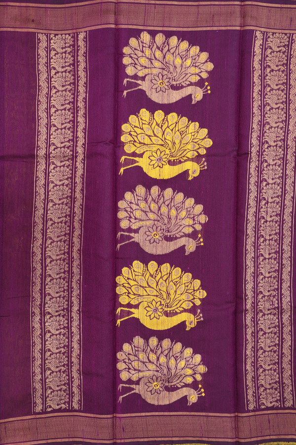 Jute Saree In Dark Yellow With Peacock Buttas