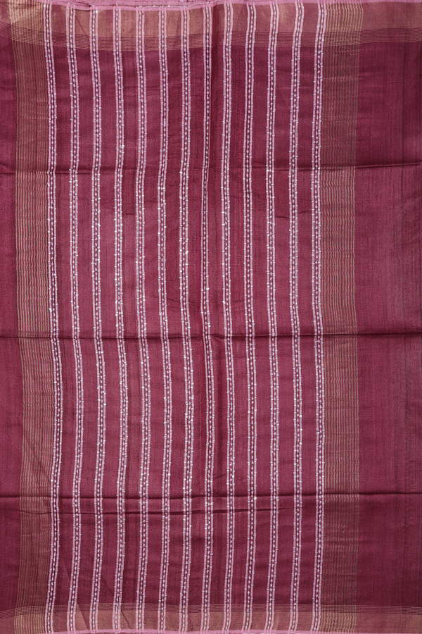 Jute Saree In Deep Mulberry With Threadwork Design