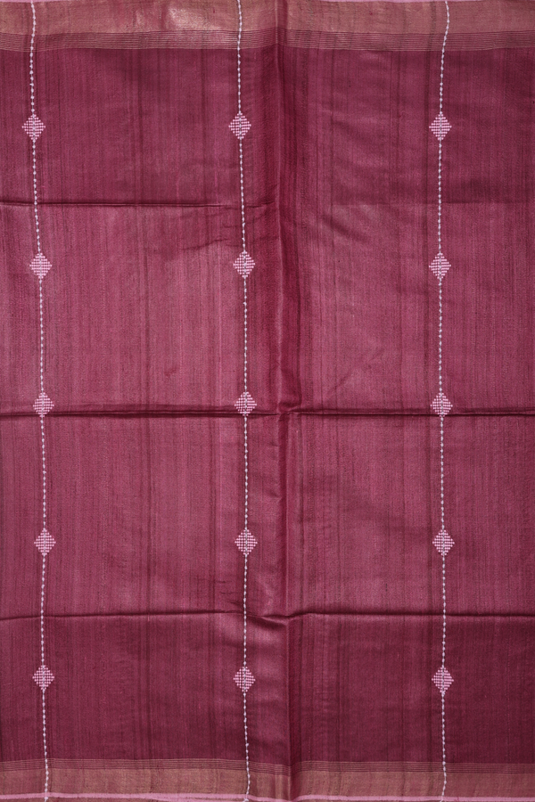 Jute Saree In Deep Mulberry With Threadwork Design