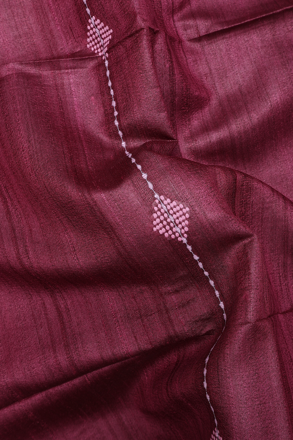 Jute Saree In Deep Mulberry With Threadwork Design