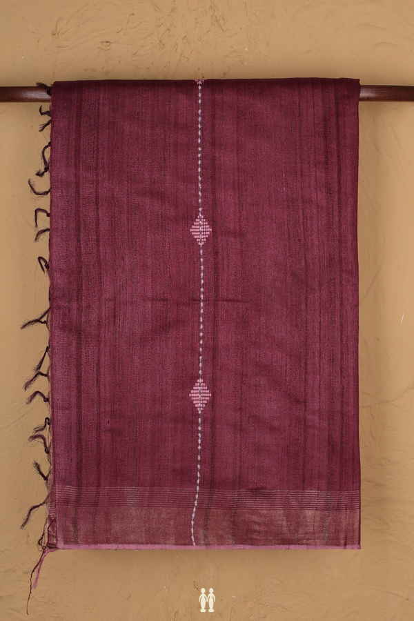 Jute Saree In Deep Mulberry With Threadwork Design
