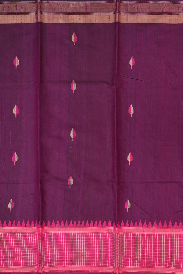 Jute Saree In Deep Purple With Leaf Buttas