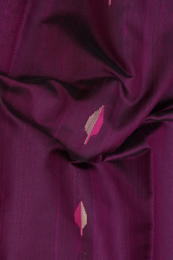 Jute Saree In Deep Purple With Leaf Buttas
