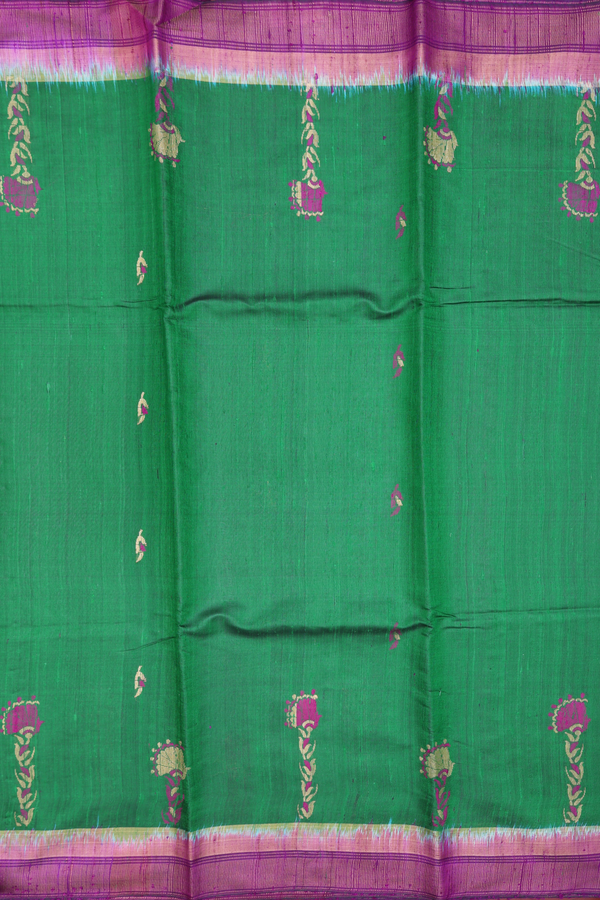 Jute Saree In Emerald Green With Allover Buttas