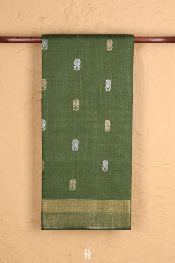 Jute Saree In Fern Green With Floral Buttas