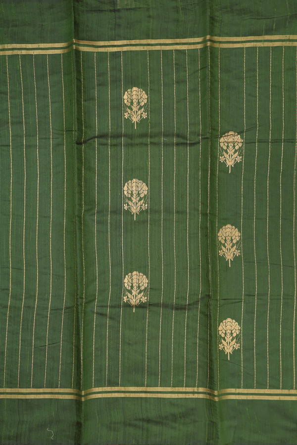 Jute Saree In Fern Green With Stripes Design