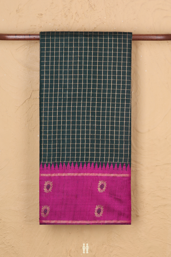 Jute Saree In Forest Green With Checks Design