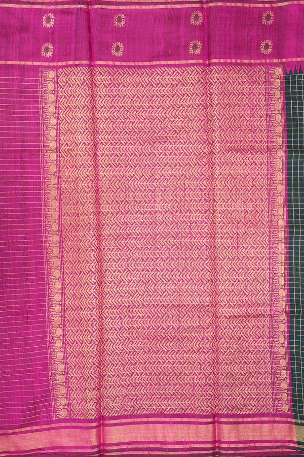 Jute Saree In Forest Green With Checks Design