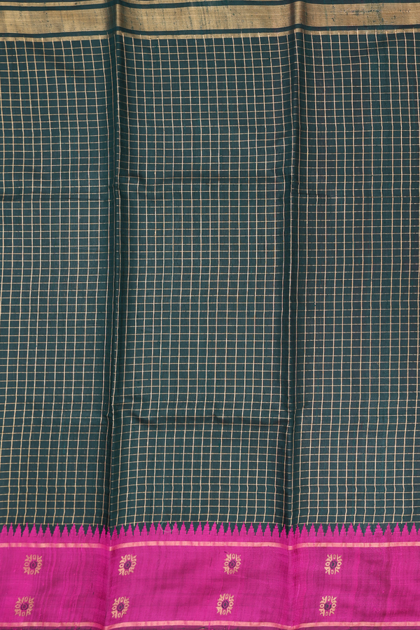 Jute Saree In Forest Green With Checks Design