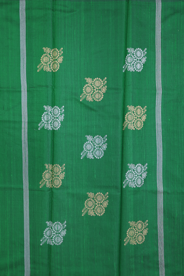 Jute Saree In Green With Zari Buttas
