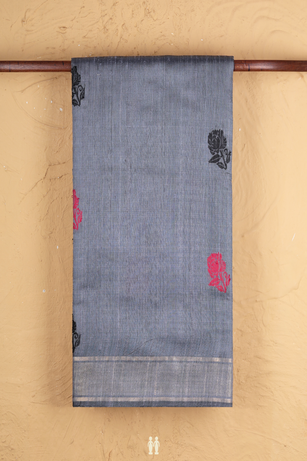 Jute Saree In Grey With Floral Buttas