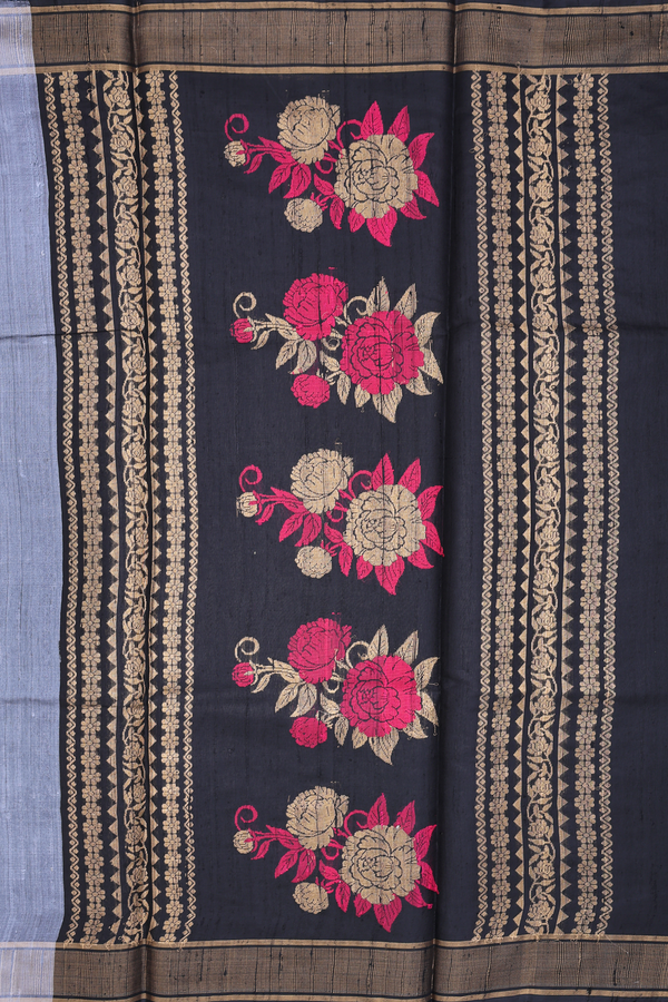 Jute Saree In Grey With Floral Buttas