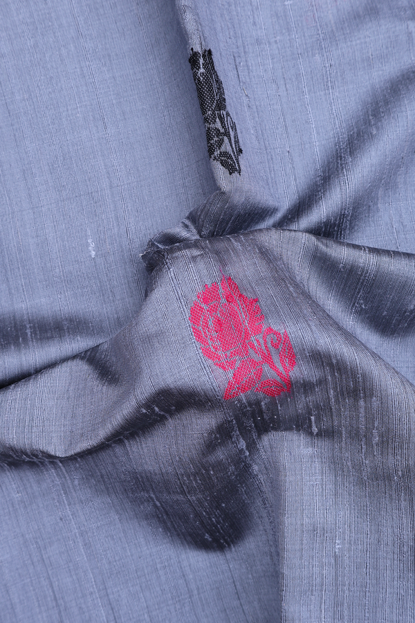 Jute Saree In Grey With Floral Buttas