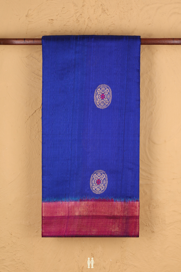 Jute Saree In Indigo Blue With Chakram Motifs