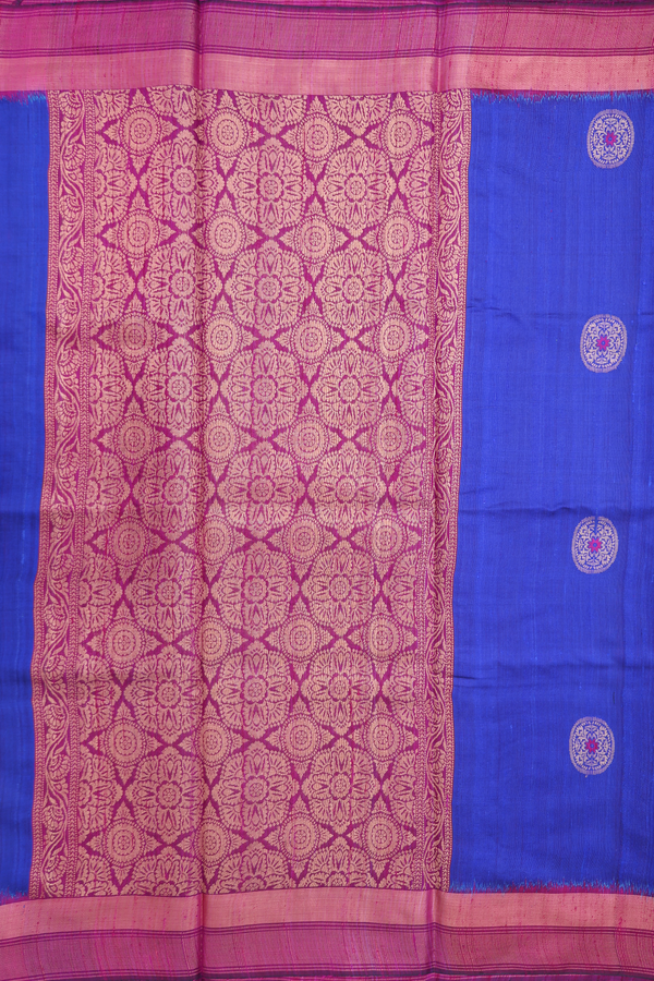 Jute Saree In Indigo Blue With Chakram Motifs