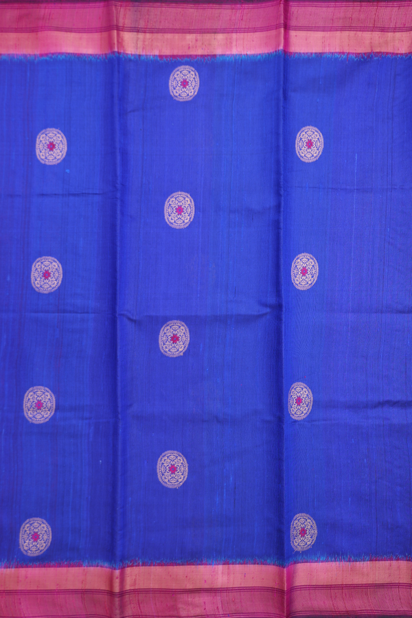 Jute Saree In Indigo Blue With Chakram Motifs